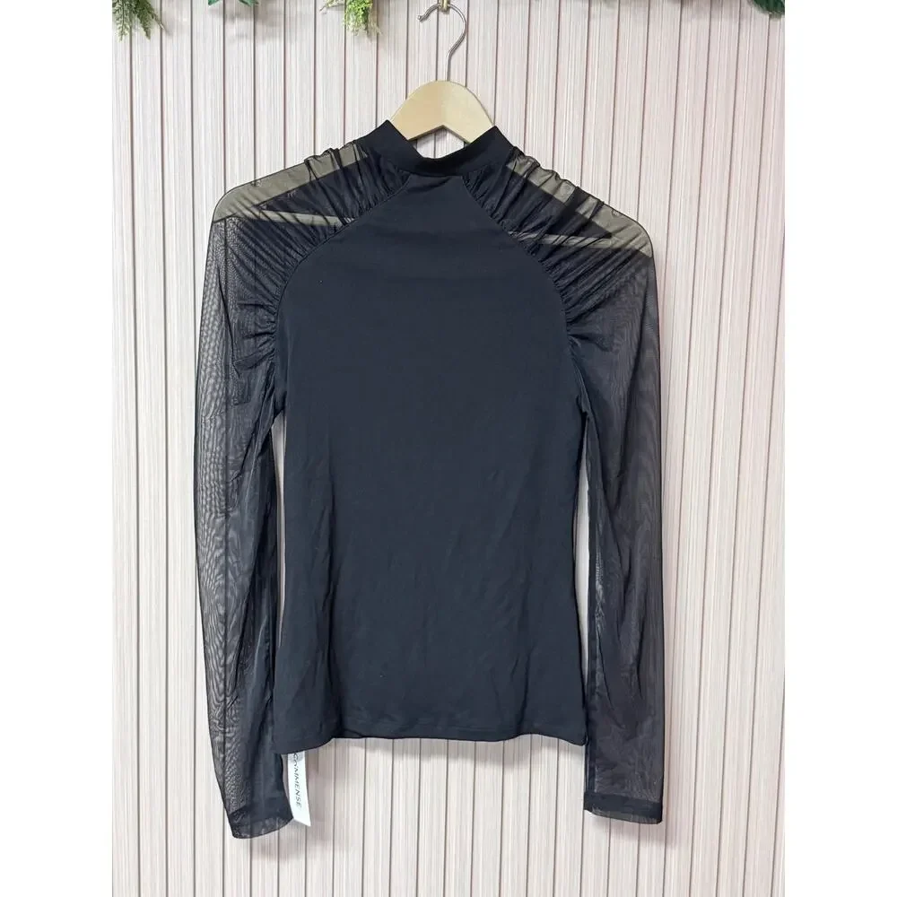 Commense Stand Collar Sheer Sleeve Fitted Blouse Black Women’s Size M - Picture 9 of 9